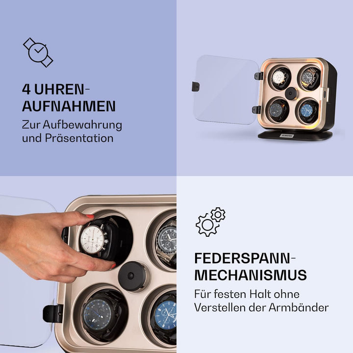 Klarstein Uhrenbeweger für 4 Uhren, Automatik-Uhrenbeweger für Damen & Herren, Uhrenbeweger für Auto