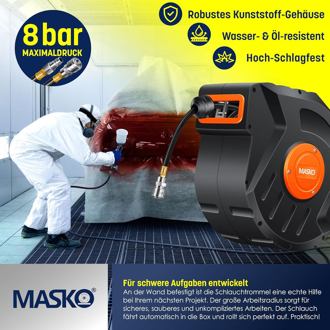 MASKO® Automatik Druckluftschlauch Aufroller 20m – Schlauchtrommel mit 1/4" Anschluss, Schlauchaufro