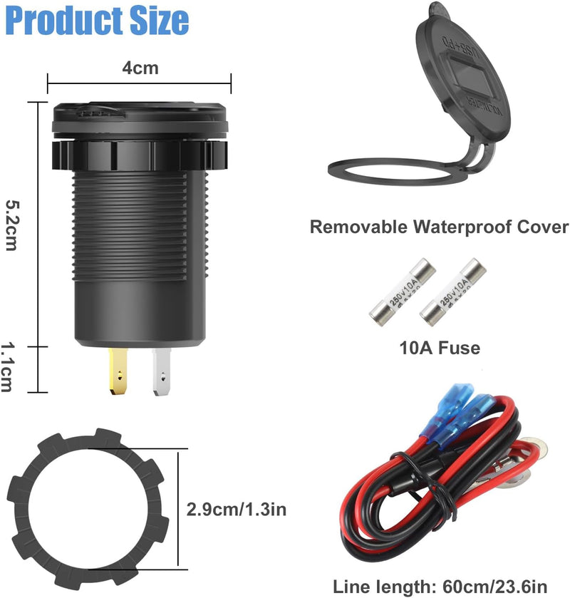 12 Volt USB-Steckdose Dual Quick Charge 3.0 Port und PD3.0 USB C Auto-Ladebuchse, wasserdichte 12V S