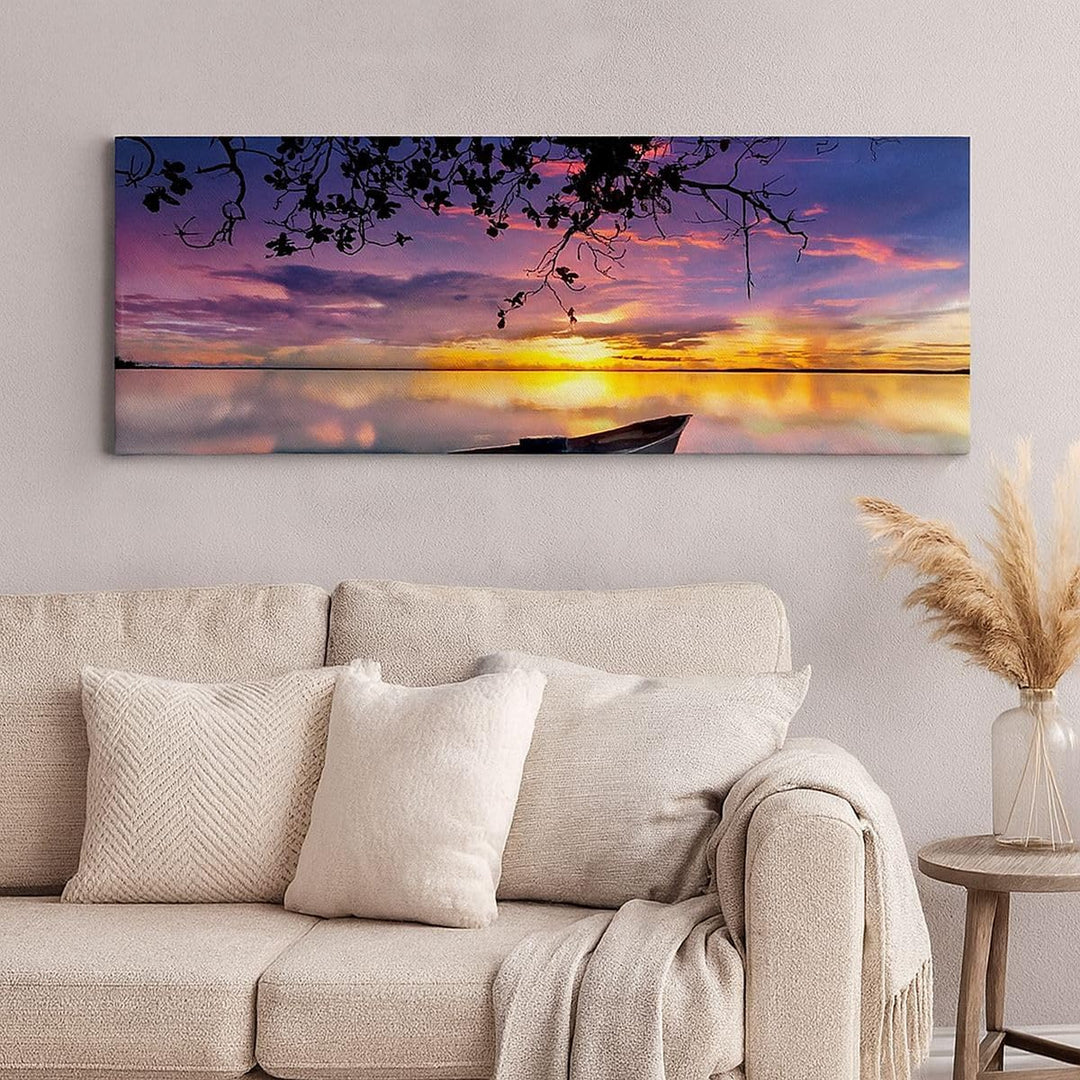 Wandbilder Dekoration Wohnzimmer Boot Sonnenuntergang See Himmel Panorama Bilder auf Leinwand 120x50