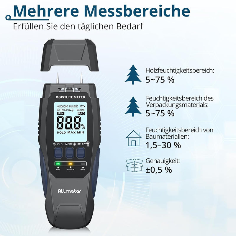 ALLmeter Digital Holzfeuchtemessgerät mit Stiftfunktion und Hintergrundbeleuchtung, Feuchtigkeitsdet