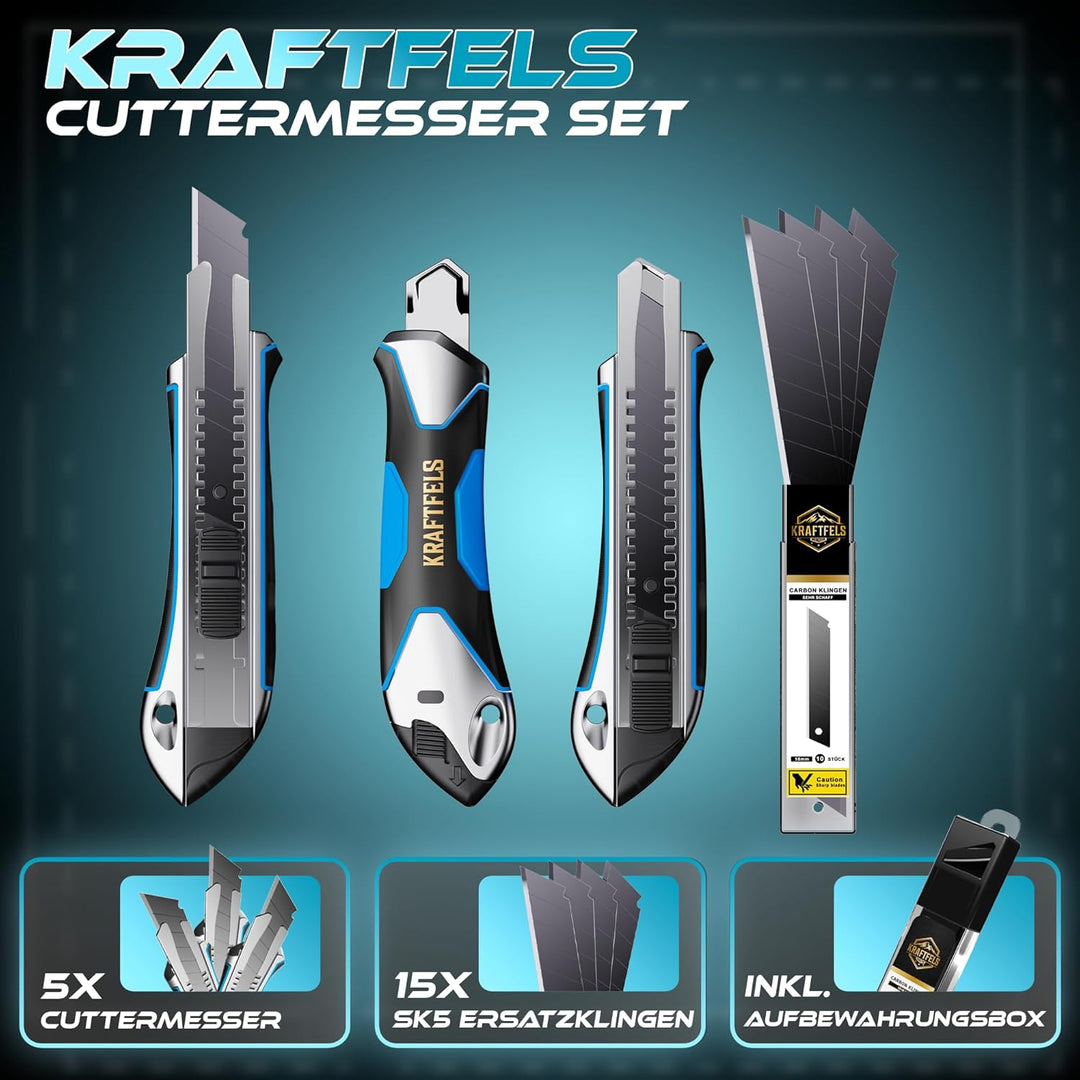 KRAFTFELS Cuttermesser Profi 5er Set - Robustes Cuttermesser 18mm inklusive 10 extrem scharfen Cutte