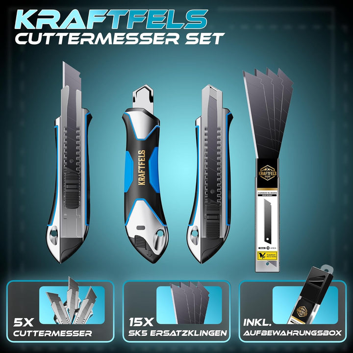 KRAFTFELS Cuttermesser Profi 5er Set - Robustes Cuttermesser 18mm inklusive 10 extrem scharfen Cutte