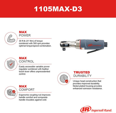 Ingersoll Rand 3/8"-Antrieb Druckluft Ratschenschrauber 1105MAX-D3, hochwertige Mini Luftratsche mit