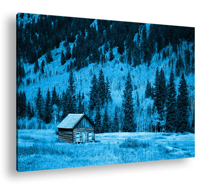 deyoli Blockhaus im Wald Format 100x70 Effekt: Monocrome Blau als Leinwandbild, Motiv fertig gerahmt