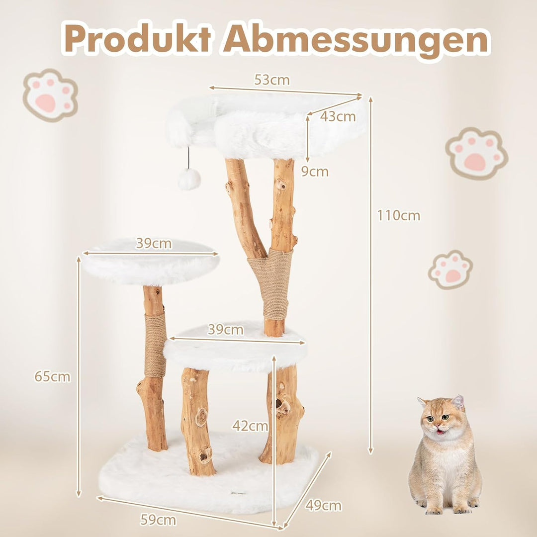 FANTASK Katzenturm Holz, Katzenmöbel mit Spielball & Plüschsitzfläche & 2 Plattformen, Katzenbaum mi