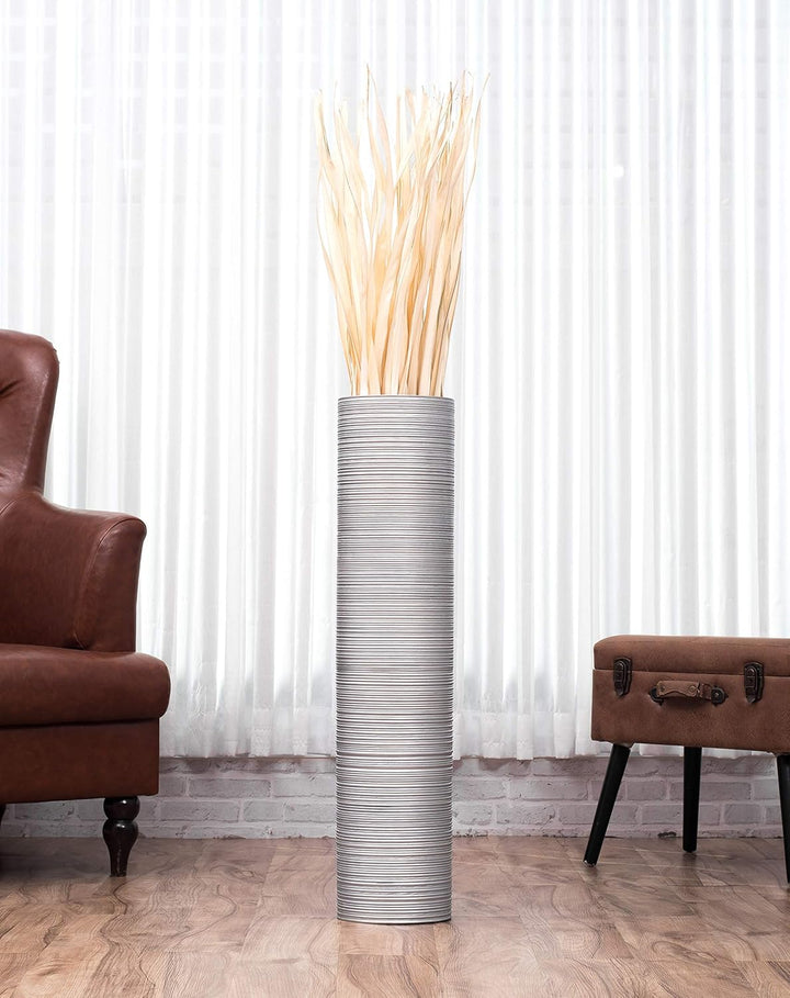 Leewadee Grosse Bodenvase für Dekozweige hohe Standvase Design Holzvase, Holz, 90 cm, Silber 90 cm S