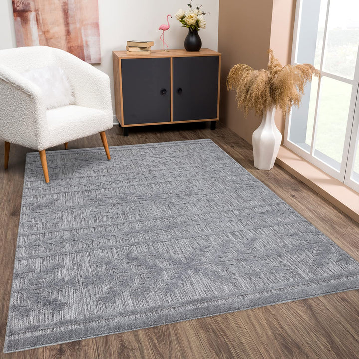 payé Teppich Wohnzimmer - 280x380cm Anthrazit - Ethno Optik - Teppiche für Balkon Terrasse Garten -