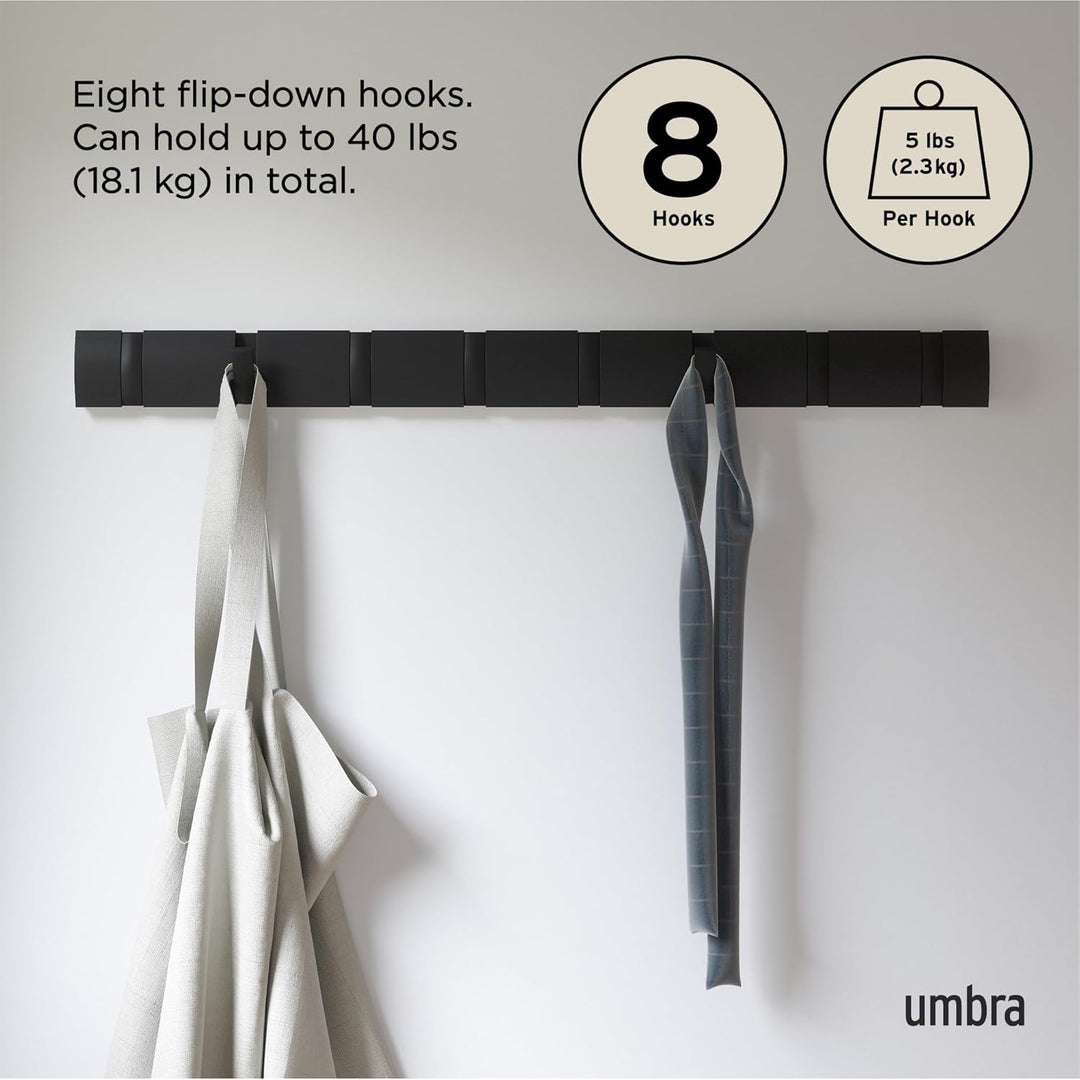 Umbra Flip 8 Garderobenhaken – Moderne, Schlichte und Platzsparende Garderobenleiste mit 8 Beweglich