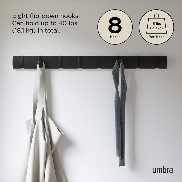 Umbra Flip 8 Garderobenhaken – Moderne, Schlichte und Platzsparende Garderobenleiste mit 8 Beweglich