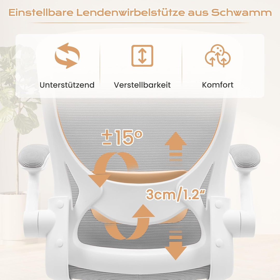 KERDOM Bürostuhl, Ergonomischer Schreibtischstuhl mit Klappbaren Armlehnen, 360° Drehstuhl Mesh Comp