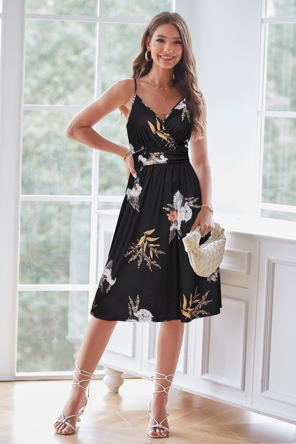 OUGES Sommerkleid Damen Knielang Kleider Sommer Spaghettiträger V-Ausschnitt Kleid Midikleid mit Tas