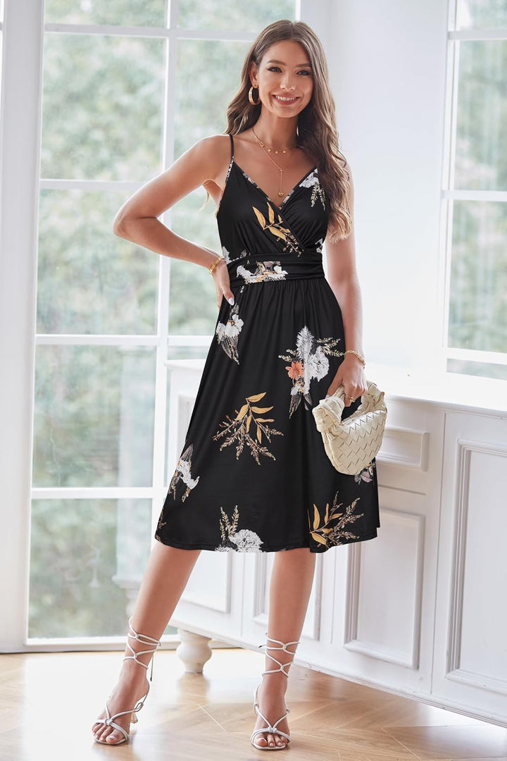OUGES Sommerkleid Damen Knielang Kleider Sommer Spaghettiträger V-Ausschnitt Kleid Midikleid mit Tas
