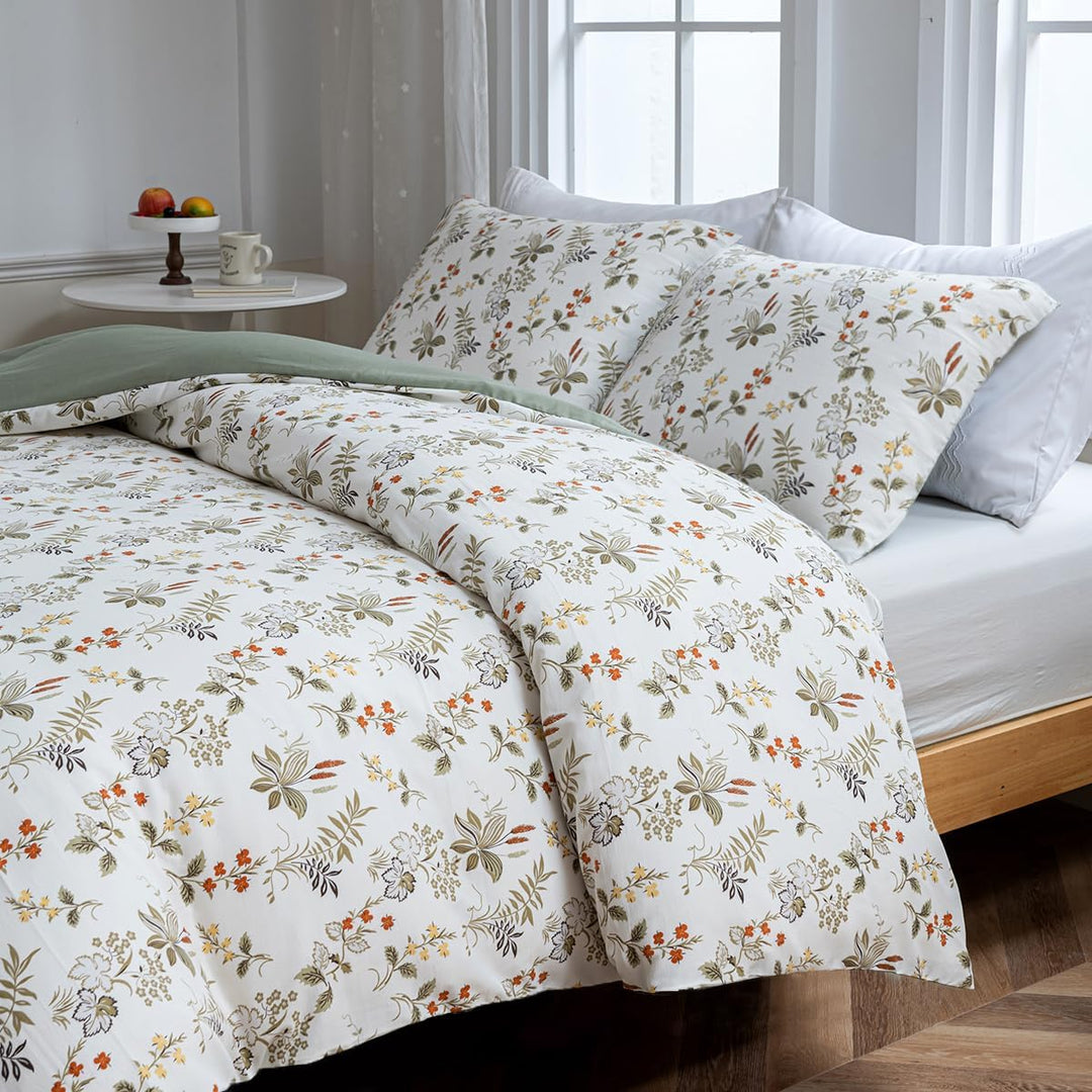 Luofanfei Bettwäsche 135x200 Grün Beige Blätter Blumen Bunt Pflanzen Botanisch Microfaser Bettwäsche