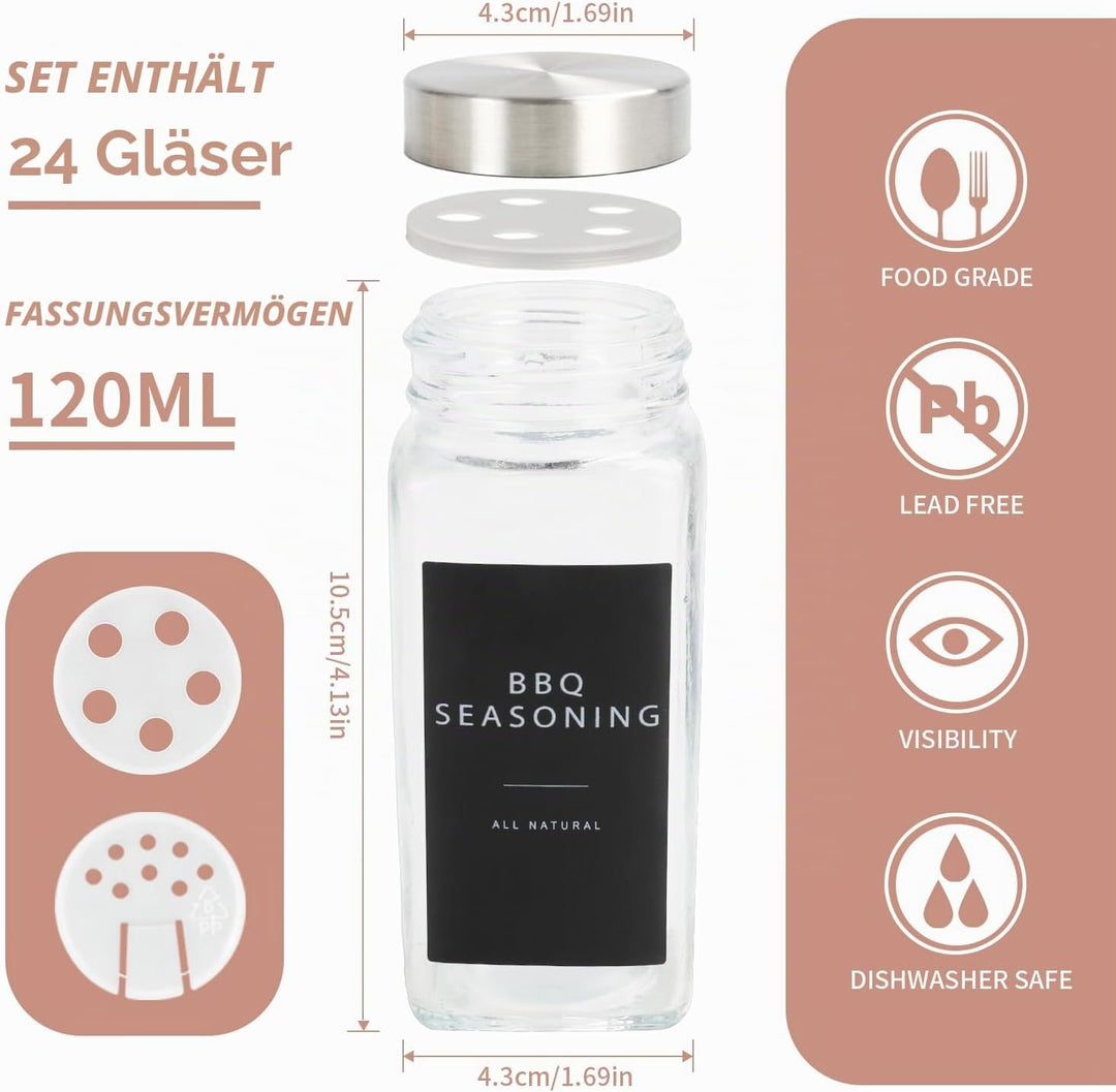 Lannvan Gewürzgläser Eckig Set [24 Stück] mit Edelstahldeckel, 120ml Gewürzdosen mit 246 Etiketten,