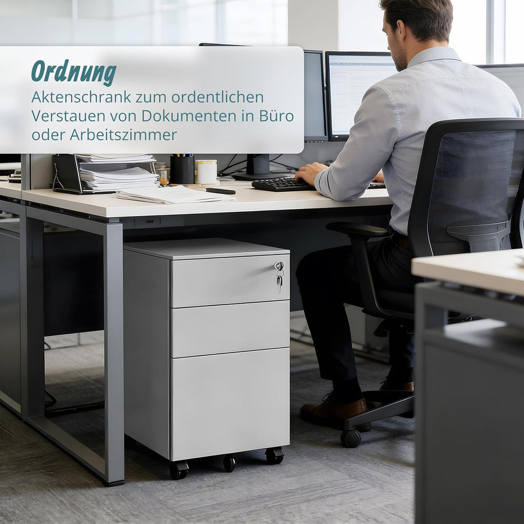 Relaxdays Rollcontainer, 3 Schubladen, HxBxT: 60 x 39 x 52 cm, abschliessbar, Aktenschrank auf Rolle