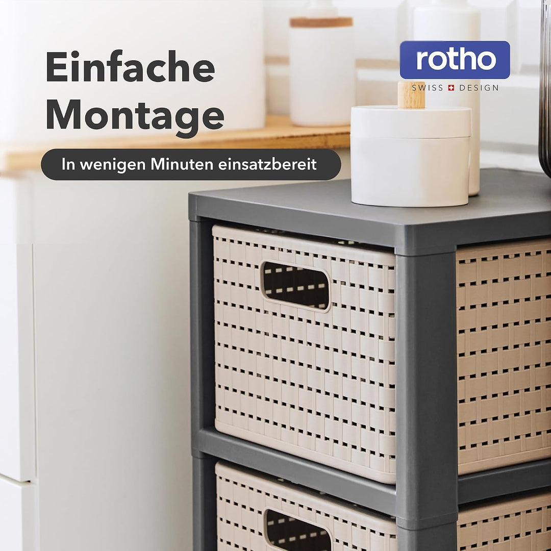 Rotho Country Rollcontainer mit 3 Schubladen in Rattan-Optik, Kunststoff (PP) BPA-frei, anthrazit, 3