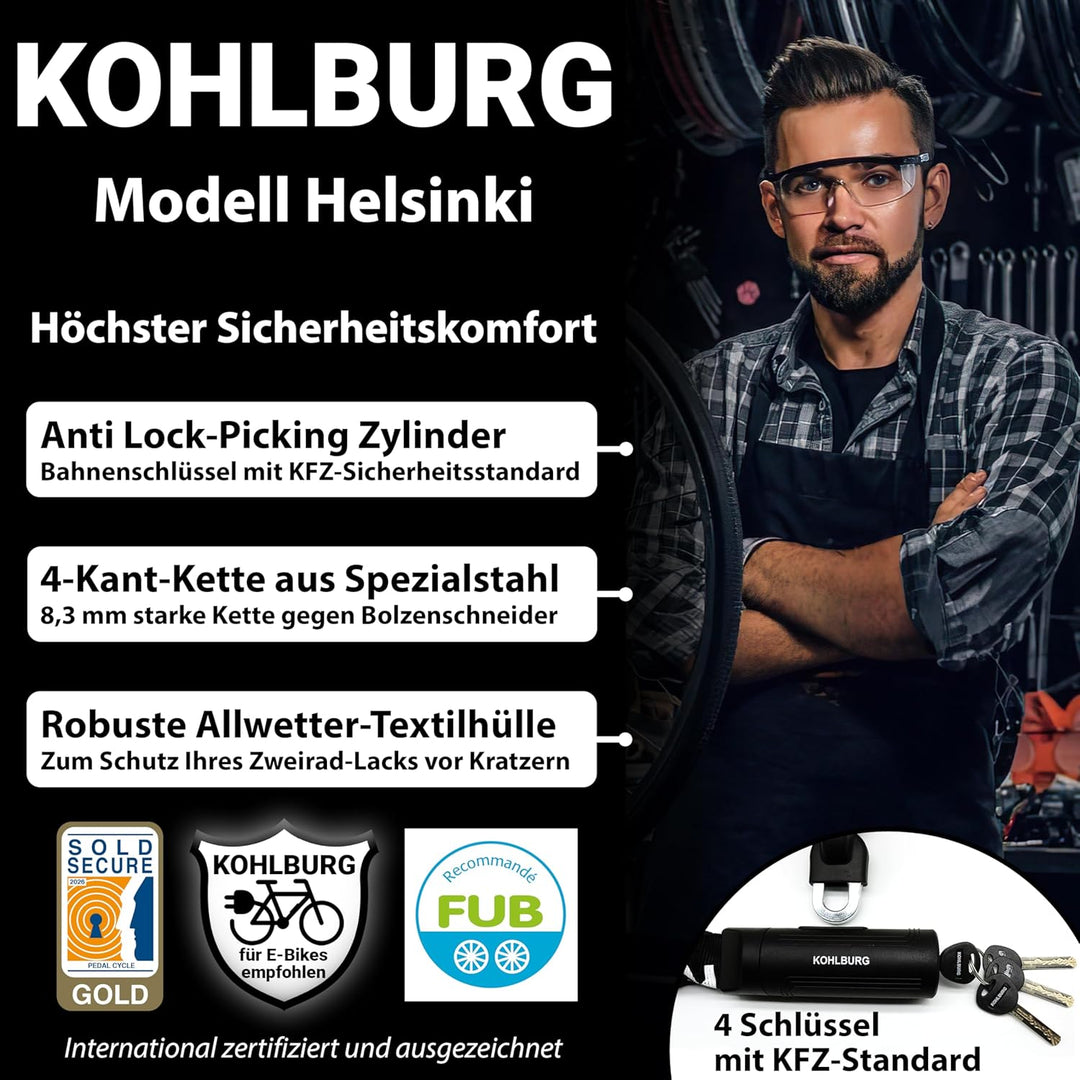 KOHLBURG 200cm Sicherheits- Kettenschloss - Schloss mit 8,3mm starker 4-Kantkette aus Spezialstahl-
