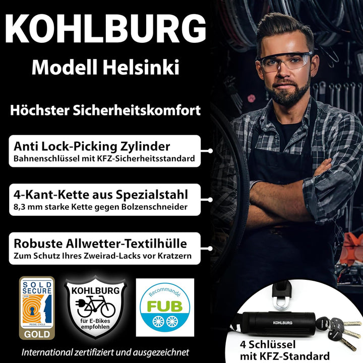 KOHLBURG 200cm Sicherheits- Kettenschloss - Schloss mit 8,3mm starker 4-Kantkette aus Spezialstahl-