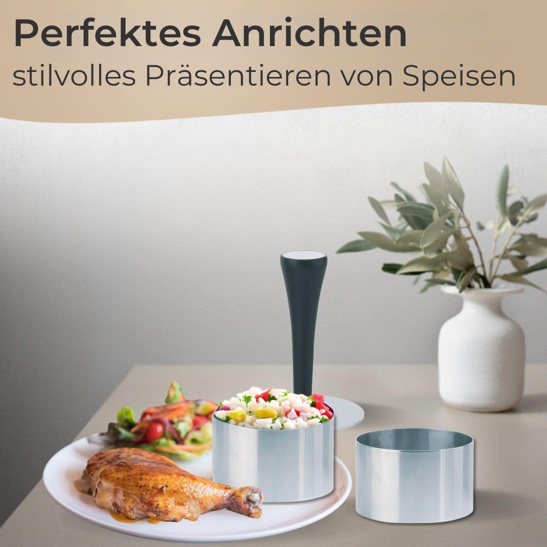 Premium Dessertringe Set Edelstahl 10-teilig, Profi Speisenringe Ø 4/6/8 cm, mit Presse & Griff, Anr