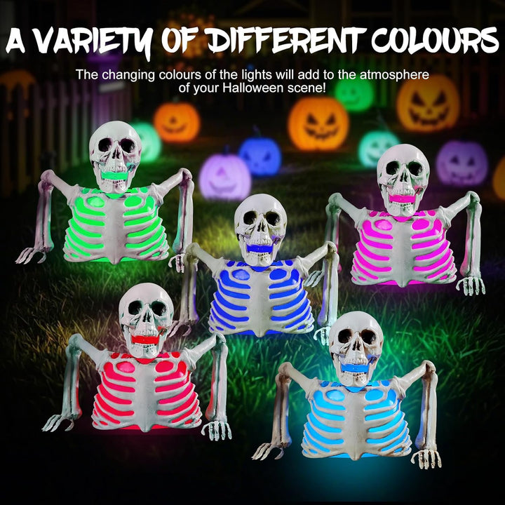 FUFRE Halloween Deko Skelett Mit LED, 23×20X11cm Halloween Skelett Mit Farbenfrohe Licht, Horror Dek