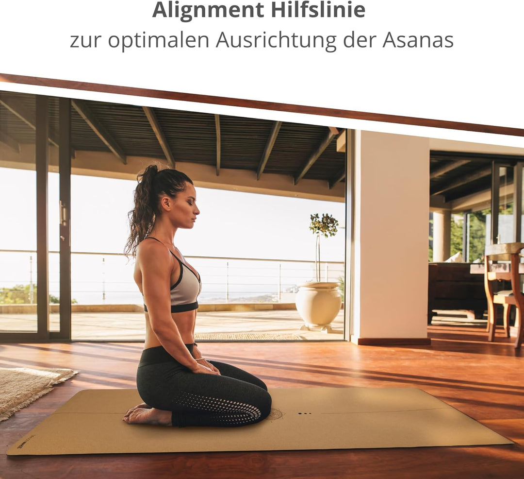 Mosswell Yogamatte aus Kork & TPE - 4mm rutschfest phthalatfrei Mit, Mit Hilfslinie