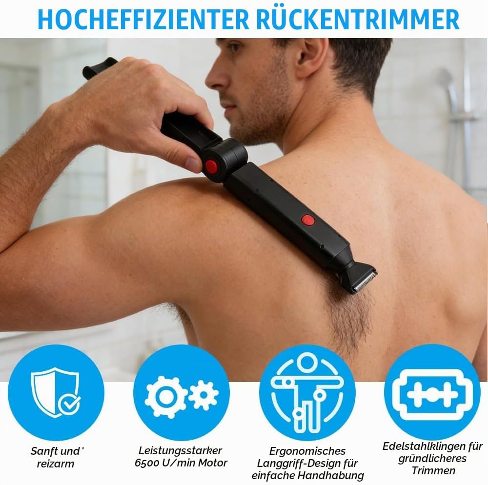 Rückenrasierer Herren, Verstellbare Körperrasierer Herren mit Doppelmesserkopf und Ergonomischer Arm