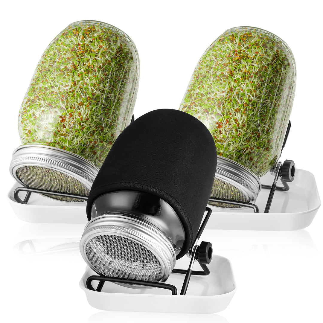 Sprossenglas 3er Set, 1000ml Keimglas für Sprossen mit Deckeln und Haltern Verdunklungshüllen und Sc