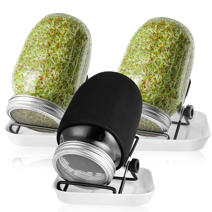 Sprossenglas 3er Set, 1000ml Keimglas für Sprossen mit Deckeln und Haltern Verdunklungshüllen und Sc
