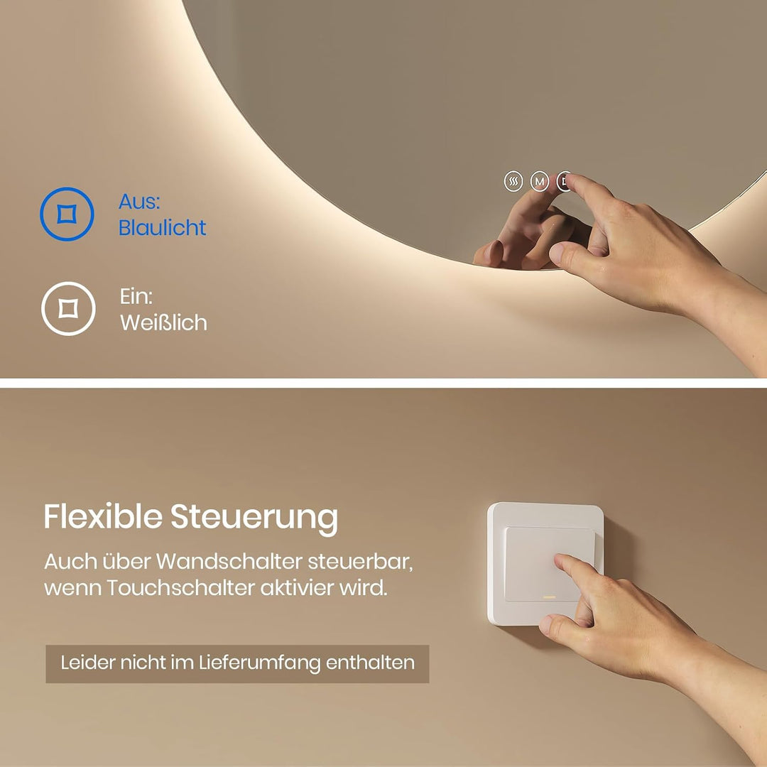 EMKE Runder LED Badspiegel mit Beleuchtung – Badezimmerspiegel 80 cm, 3 Lichtfarben (Warmweiss/Neutr