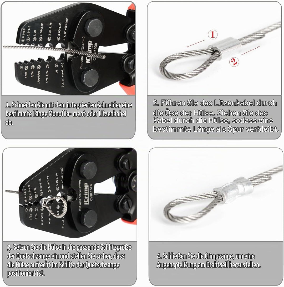 iCrimp CWR1328 Drahtseil Crimpzange Set 0,3–3,5 mm mit 375 Hülsen | Crimpwerkzeug für Drahtseile 0,3