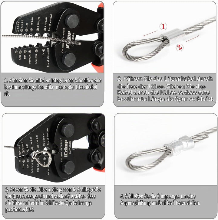 iCrimp CWR1328 Drahtseil Crimpzange Set 0,3–3,5 mm mit 375 Hülsen | Crimpwerkzeug für Drahtseile 0,3