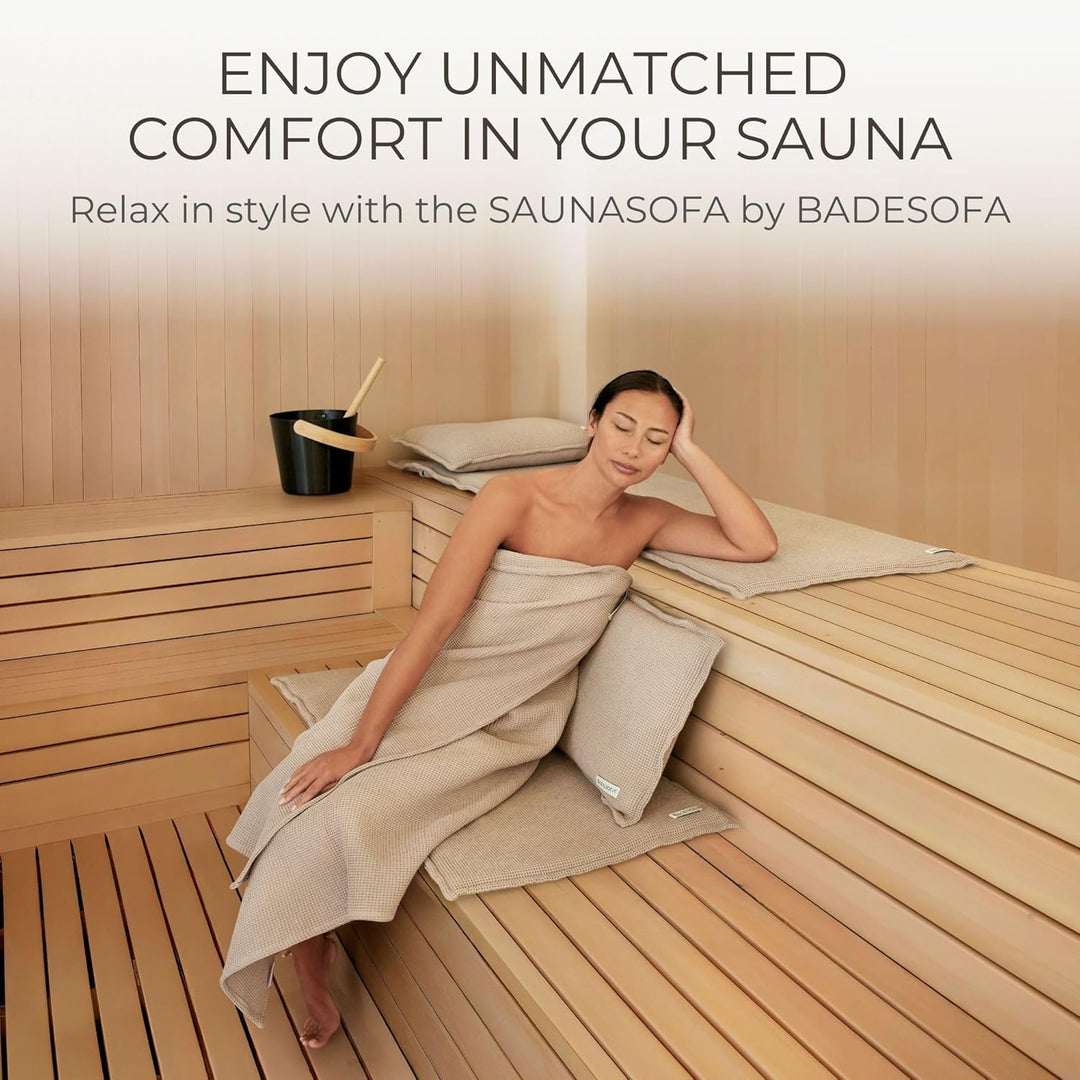 SAUNASOFA Set Short – 2-Sitzer Sauna-Auflage mit Kissen – Saunamatte für Infrarot-Kabine & klassisch
