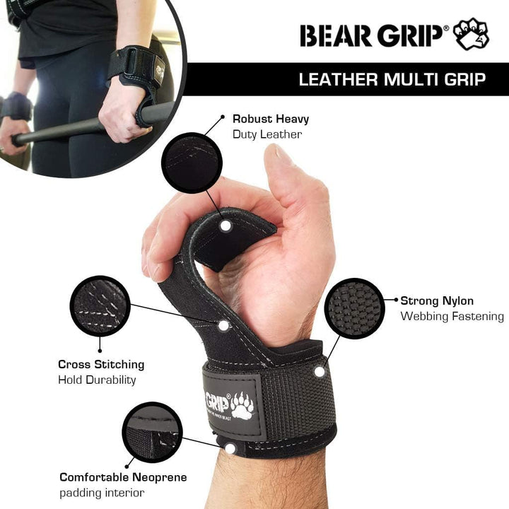 BEAR GRIP Multi-Grip-Riemen/Haken, hochwertige strapazierfähige Gewichthebergurte/Handschuhe. Leder,