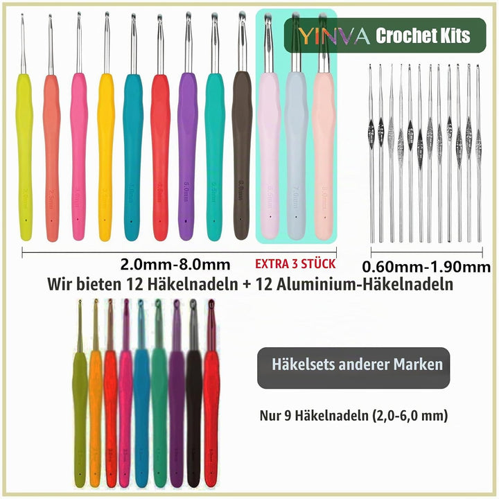 YINVA Häkelset für Anfänger 111 Stück Häkelnadel Set 0.6mm-8mm Ergonomische Häkelnadeln Crochet Set