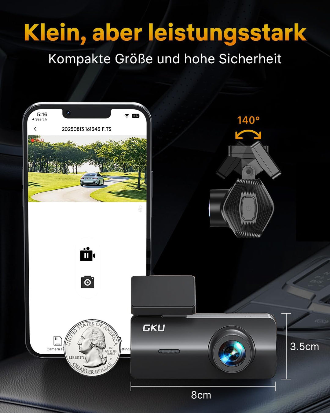 GKU 4K Dashcam Auto,Dashcam Auto vorne,Mini Auto Kamera mit integriertem WLAN,170° Weitwinkel,Nachts