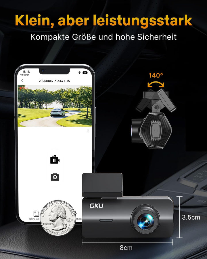 GKU 4K Dashcam Auto,Dashcam Auto vorne,Mini Auto Kamera mit integriertem WLAN,170° Weitwinkel,Nachts