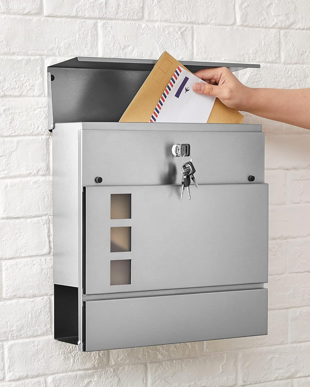 SONGMICS Briefkasten, Postkasten mit Zeitungsfach, Sichtfenster, abschliessbar, 2 Schlüssel, modern,