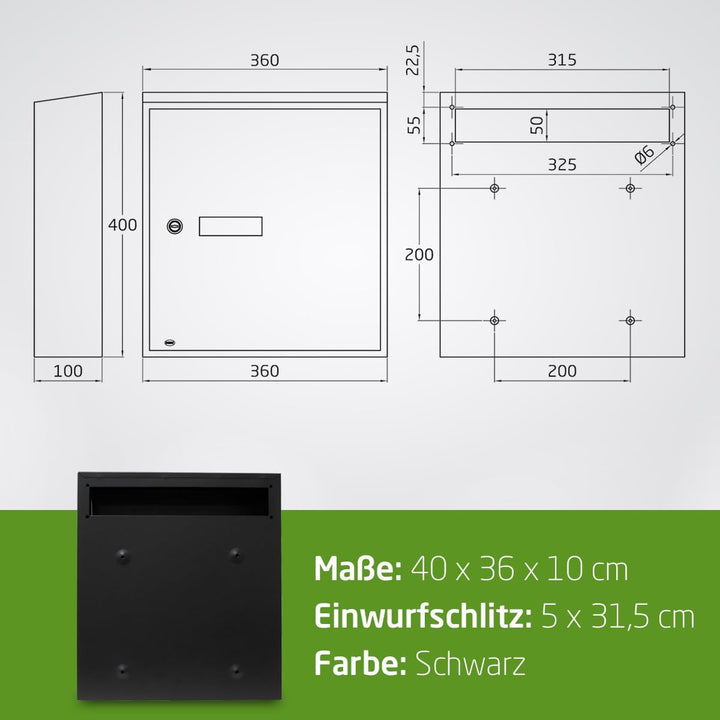 Amig 12372 - Innentür-Briefkasten Modell 6, aus Stahl, Farbe Schwarz, Masse 40 x 36 x 10 cm, DIN-A4-