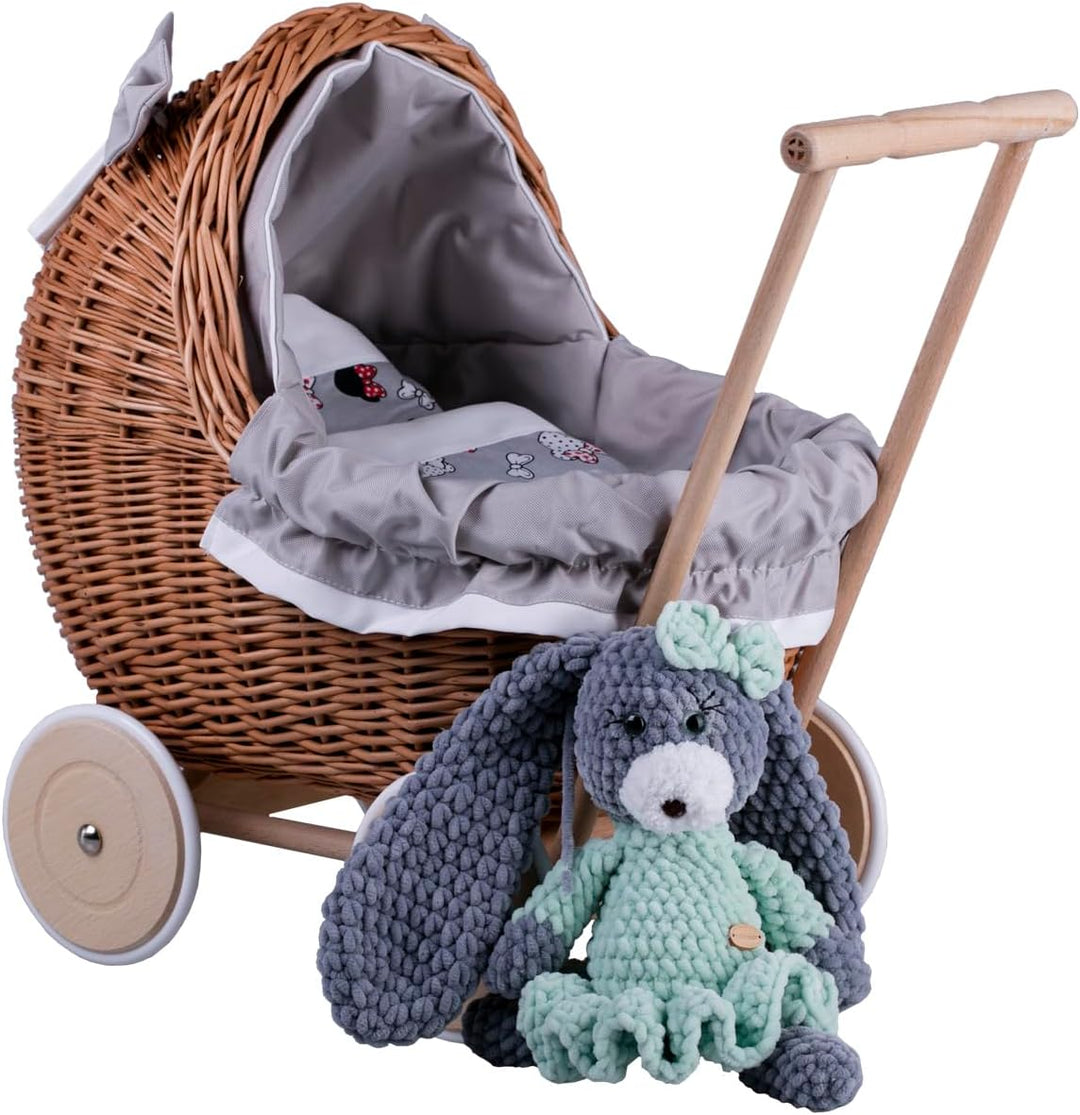 e-wicker24 Alles aus Weide Puppenwagen aus Weide mit Bettwäsche perfekte Geschenkidee Korbpuppenwage