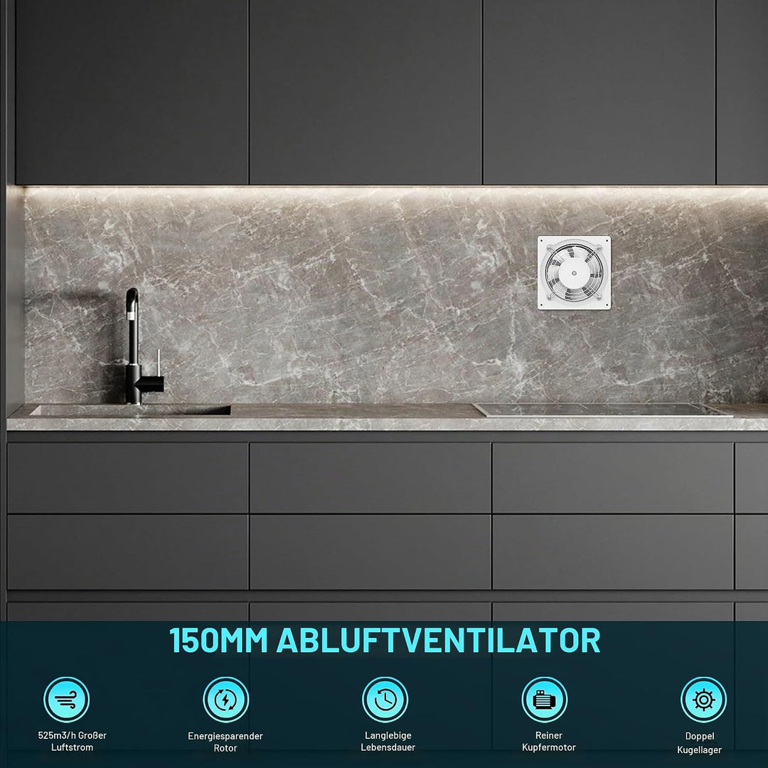 HG Power Abluftventilator 150mm - Badlüfter Leiser mit Rücklaufklappe, Geschwindigkeitsregler, Steck