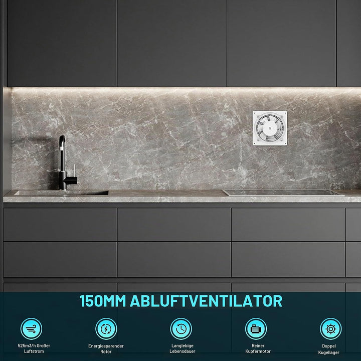 HG Power Abluftventilator 150mm - Badlüfter Leiser mit Rücklaufklappe, Geschwindigkeitsregler, Steck
