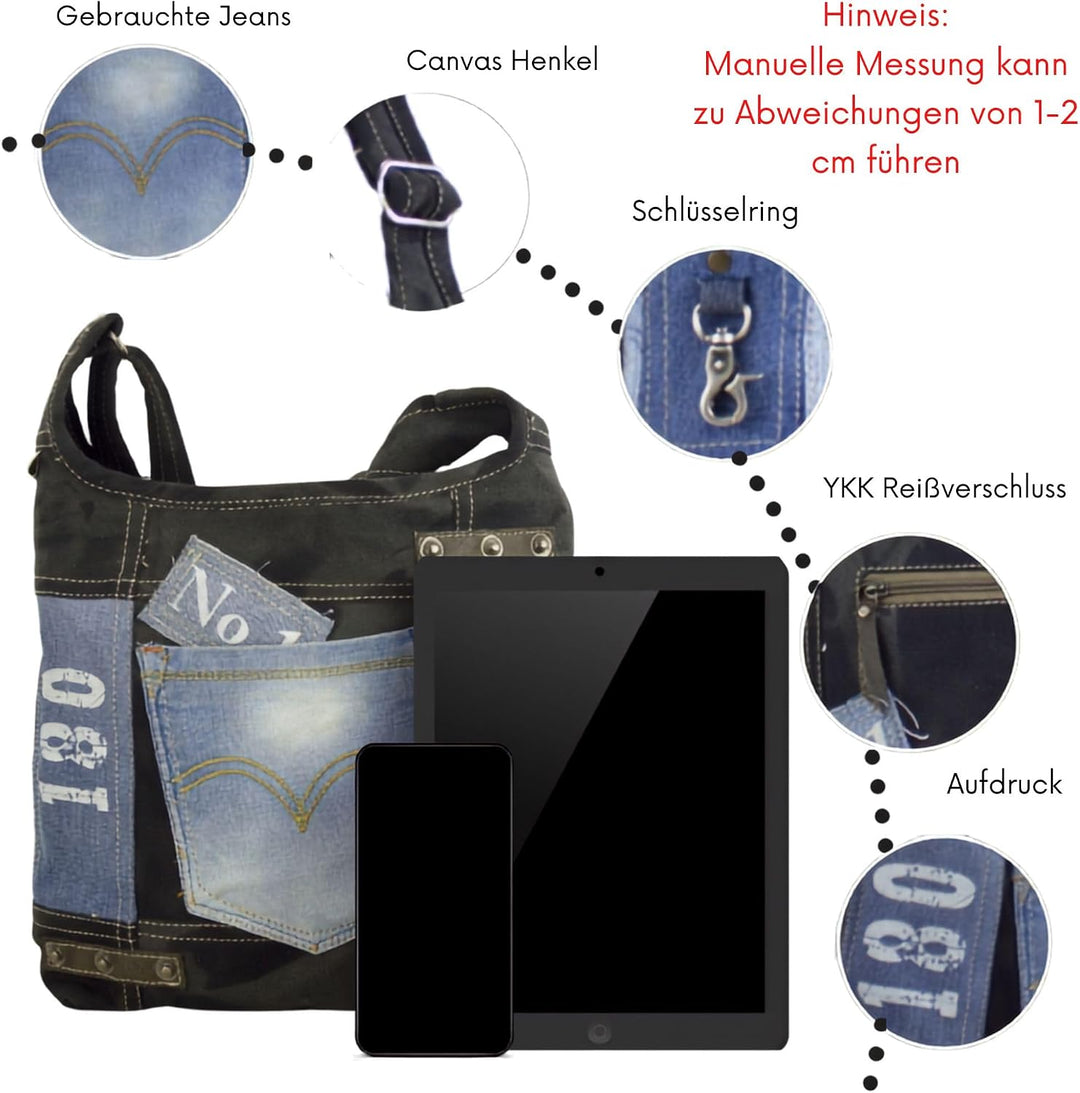 Sunsa Damen Umhängetasche aus Recycelte Jeans Canvas &amp; Leder. Hobo Tasche schwarz/blau