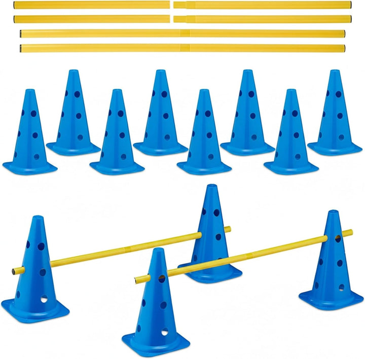 Relaxdays Steckhürdenset, 18 teilig, Hunde Agility & Fussballtraining, 12 Pylonen, 6 Stangen, Hinder