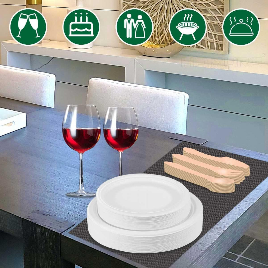 HOMURG Einweg Teller und Holz Besteck 30 Set, Einweggeschirr Set mit Dessertteller + Speiseteller +