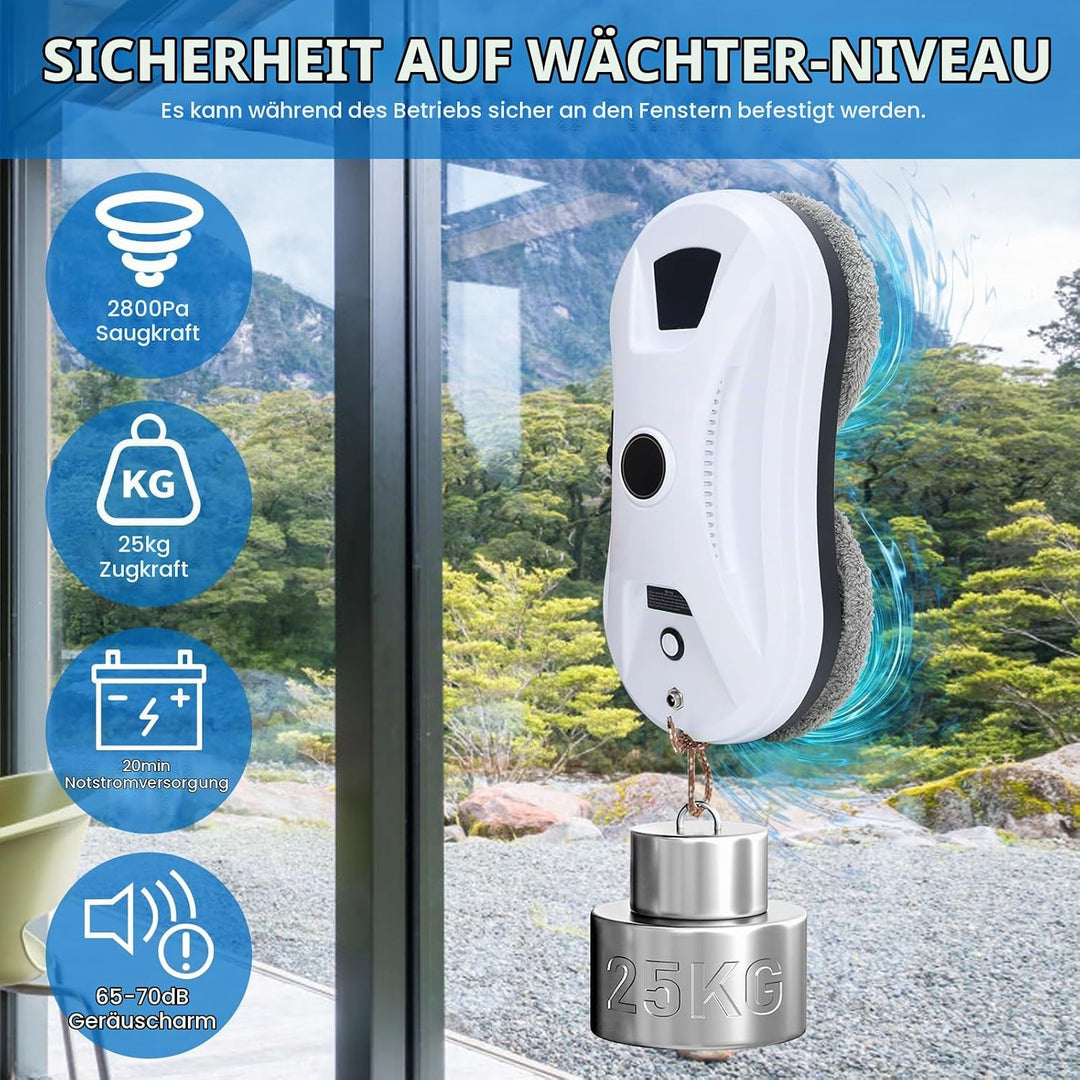 Fensterputzroboter mit Wassersprühfunktion &amp; Wegplanung, 2800 Pa Saugkraft, Kantenerkennung, Fernbed