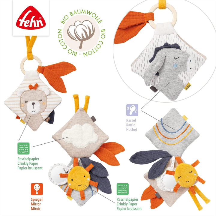 Fehn Fühlbuch Esel & Teddy - Buggybuch mit Bio Baumwolle - Babyspielzeug Buch mit Rassel, Raschelpap