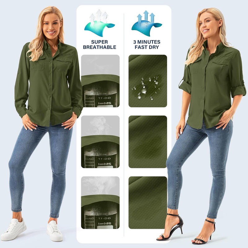 Asfixiado Damen Hemdbluse UV Shirt UPF 50+ Safari Kleidung Wanderbluse Damen Outdoor Cooling Quick D