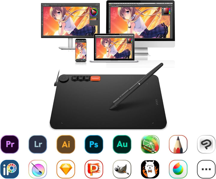 Grafiktablett VEIKK Voila L 10x6 Zoll Zeichentablett mit Drucksensitivem Stift,4 Anpassen Mechanisch
