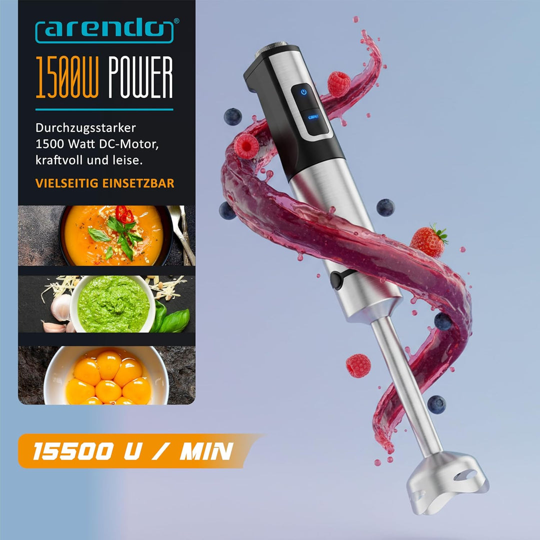Arendo - mini Standmixer 1500 Watt + Stabmixer Edelstahl - mit Trinkflasche Deckel und Messereinheit